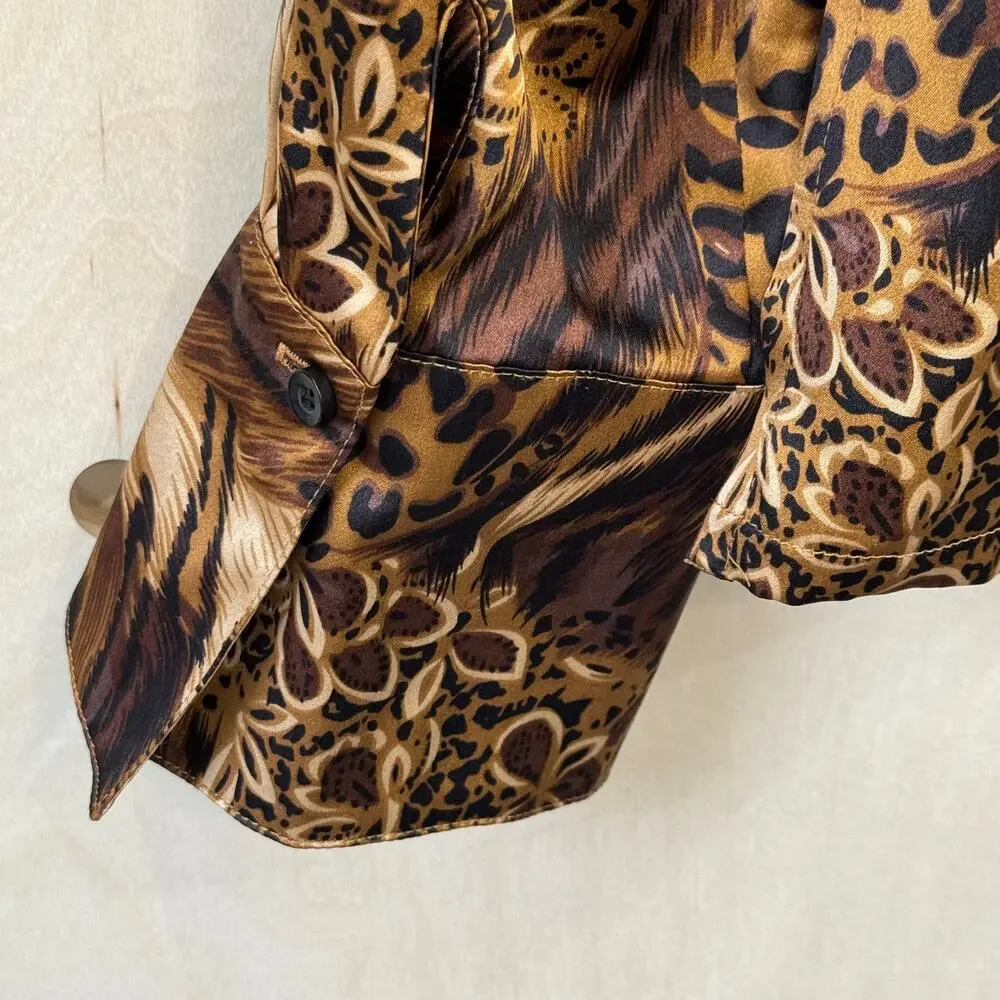 TRIBAL Jungle Cats Animal Print Blouse Size 12 100% Silk Brown Tan Black - Picture 3 of 11